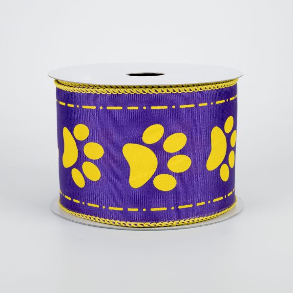 2.5  Satin Paw Prints Ribbon: Purple & Gold (10 Yards) Fashion