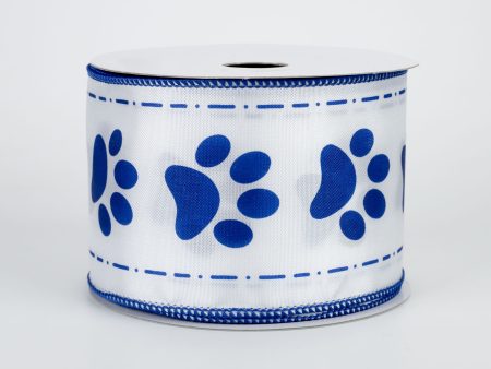 2.5  Satin Paw Prints Ribbon: White & Royal Blue (10 Yards) For Discount