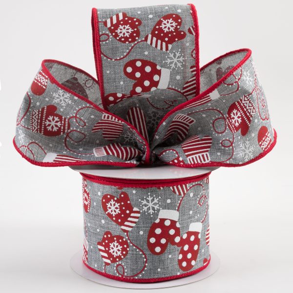 2.5  Christmas Mittens Ribbon: Grey & Red (10 Yards) Online now