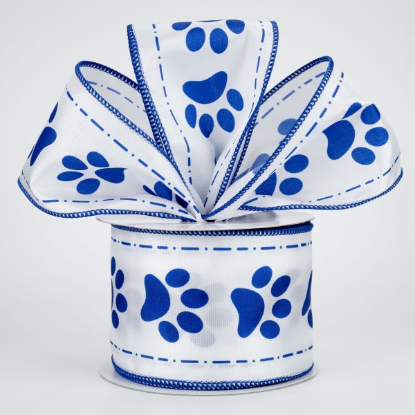 2.5  Satin Paw Prints Ribbon: White & Royal Blue (10 Yards) For Discount