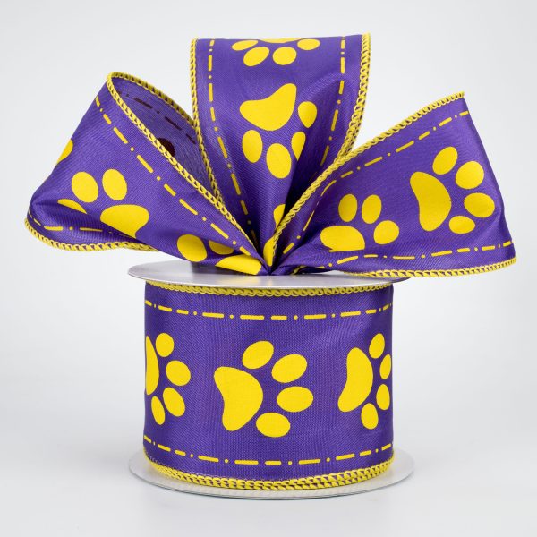 2.5  Satin Paw Prints Ribbon: Purple & Gold (10 Yards) Fashion