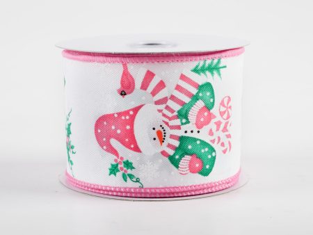 2.5  Snowman on Diagonal Weave Ribbon: Pink & Jade (10 Yards) on Sale