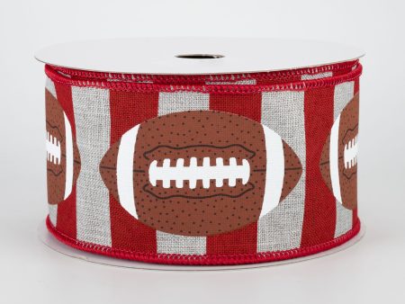 2.5  Footballs On Stripe Ribbon: Light Grey & Crimson (10 Yards) For Cheap