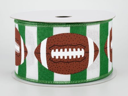 2.5  Footballs On Stripe Ribbon: Green & White (10 Yards) For Discount