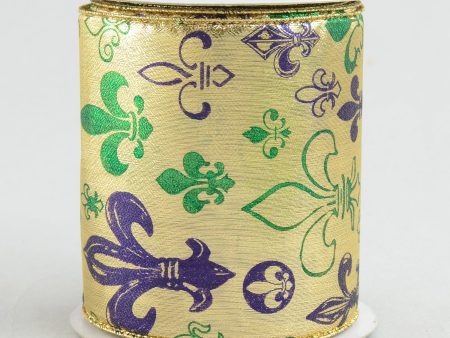 4  Gold Lamé Fleur De Lis Print Ribbon: Mardi Gras (10 Yards) Sale