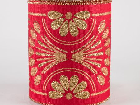 4  Bold Glittered Art Deco Ribbon: Red (10 Yards) Supply