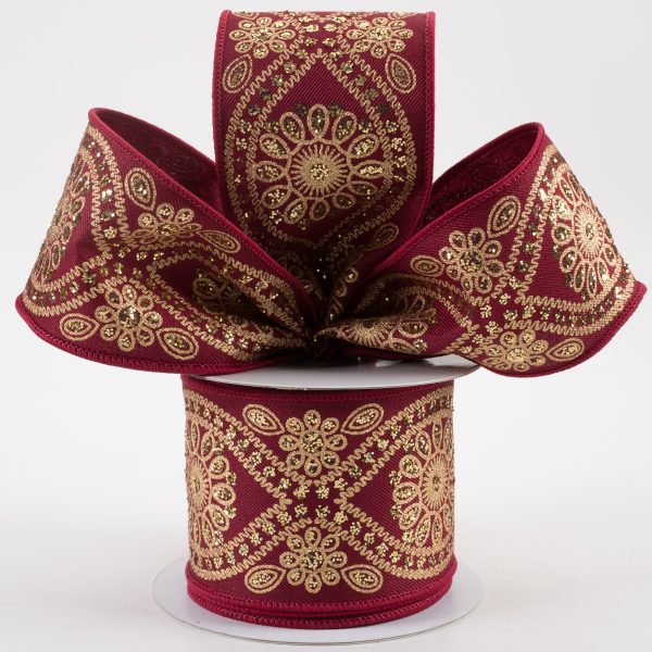 2.5  Deluxe Wavy Floral Ribbon: Wine & Gold (10 Yards) Hot on Sale