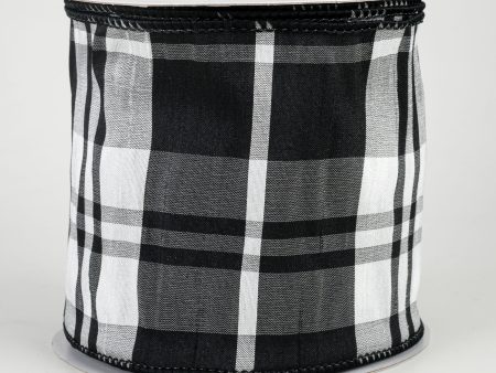 4  Plaid Faux Dupioni Ribbon: Black, White (10 Yards) For Sale