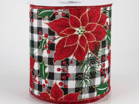 4  Poinsettia & Holly On Check Ribbon (10 Yards) Online Sale