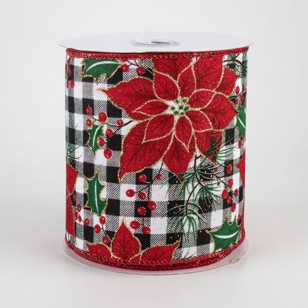 4  Poinsettia & Holly On Check Ribbon (10 Yards) Online Sale