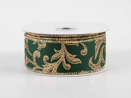 1.5  Acanthus Leaf Ribbon: Hunter Green & Gold (10 Yards) Cheap