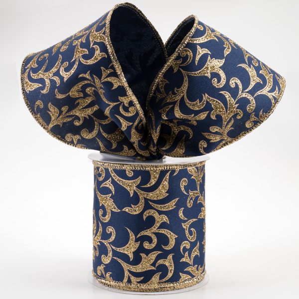 4  Acanthus Leaf Ribbon: Navy Blue & Gold (10 Yards) For Cheap