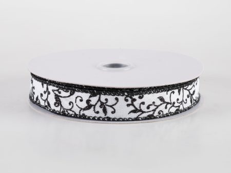 5 8  Glitter Mini Leaf Vines Ribbon: White & Black (10 Yards) For Sale