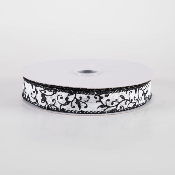 5 8  Glitter Mini Leaf Vines Ribbon: White & Black (10 Yards) For Sale