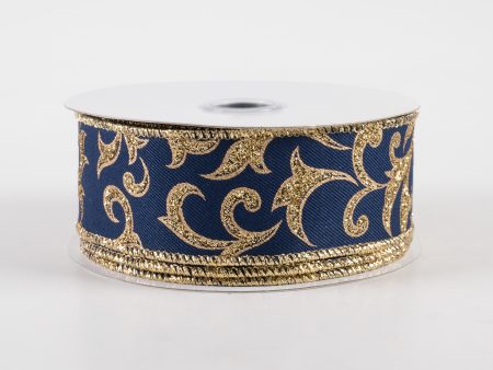 1.5  Acanthus Leaf Ribbon: Navy Blue & Gold (10 Yards) Discount