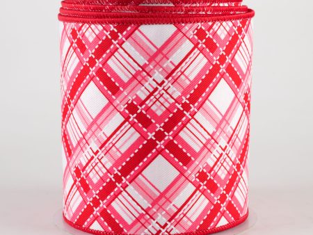 4  Diagonal Dash Plaid Ribbon: White, Pinks, Red (10 Yards) Hot on Sale