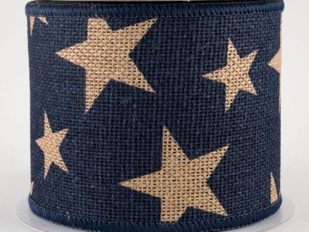 4  Large Stars Faux Burlap Ribbon: Navy & Beige (10 Yards) Fashion