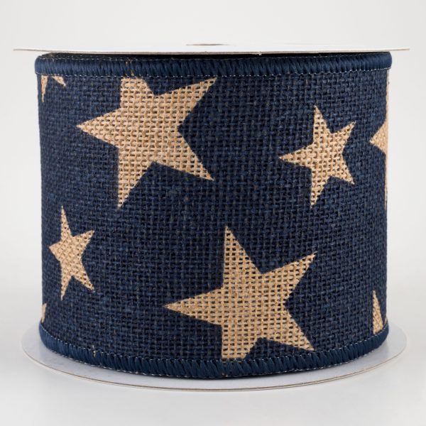 4  Large Stars Faux Burlap Ribbon: Navy & Beige (10 Yards) Fashion