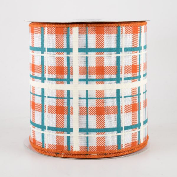 4  Printed Plaid Ribbon: White, Dark Orange, Turquoise (10 Yards) Hot on Sale