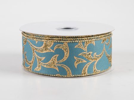 1.5  Acanthus Leaf Ribbon: Smoke Blue & Gold (10 Yards) Sale