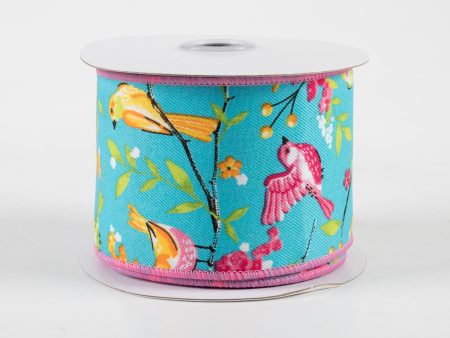 2.5  Birds With Floral Branches Ribbon: Turquoise, Pink, Yellow (10 Yards) For Cheap