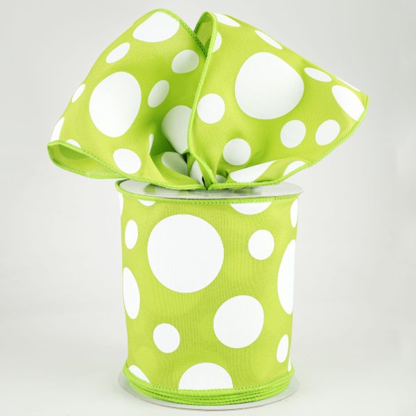 4  Giant Three Size Polka Dot Ribbon: Lime Green & White (10 Yards) For Sale