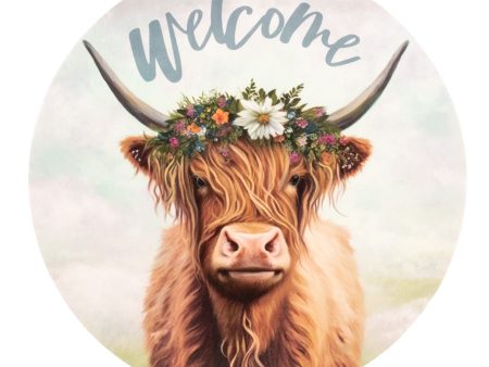 9.4  Round Waterproof Sign: Welcome Floral Highland Cow Online Hot Sale