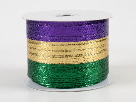 2.5  Metallic Stripe Ribbon: Mardi Gras (10 Yards) For Sale