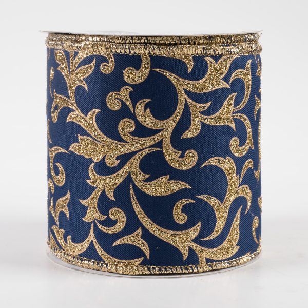 4  Acanthus Leaf Ribbon: Navy Blue & Gold (10 Yards) For Cheap