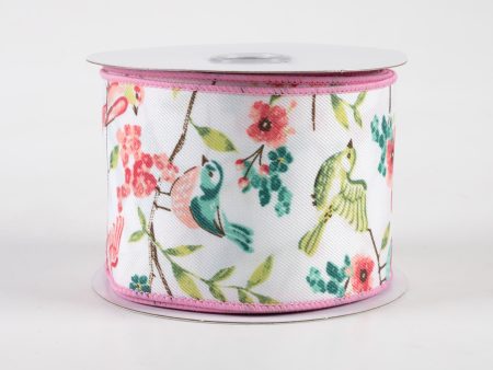 2.5  Birds With Floral Branches Ribbon: White, Peach, Teal, Green (10 Yards) For Discount