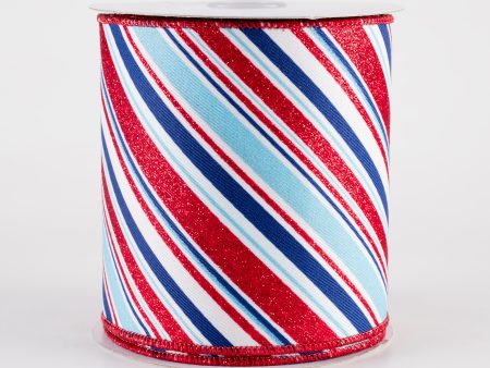 4  Diagonal Glitter Stripes Ribbon: Light Blue Patriotic (10 Yards) Hot on Sale