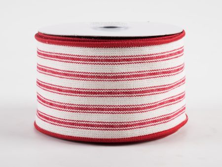 2.5  Ticking Stripe Ribbon: Ivory & Dark Red (10 Yards) Discount