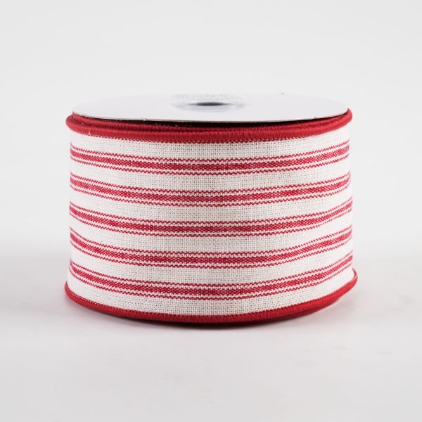 2.5  Ticking Stripe Ribbon: Ivory & Dark Red (10 Yards) Discount