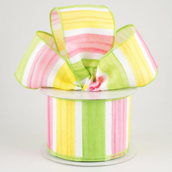 2.5  Watercolor Wide Stripe Ribbon: Yellow, Pink, Green, White (10 Yards) Online now