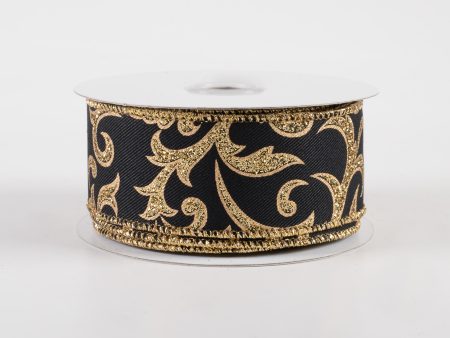 1.5  Acanthus Leaf Ribbon: Black & Gold (10 Yards) Online