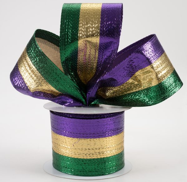 2.5  Metallic Stripe Ribbon: Mardi Gras (10 Yards) For Sale