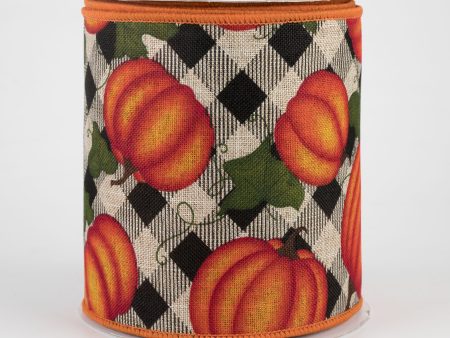 4  Pumpkin With Leaves Check Ribbon: Natural (10 Yards) Supply