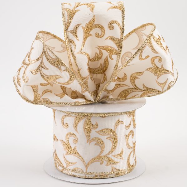 2.5  Acanthus Leaf Ribbon: Ivory & Gold (10 Yards) Sale