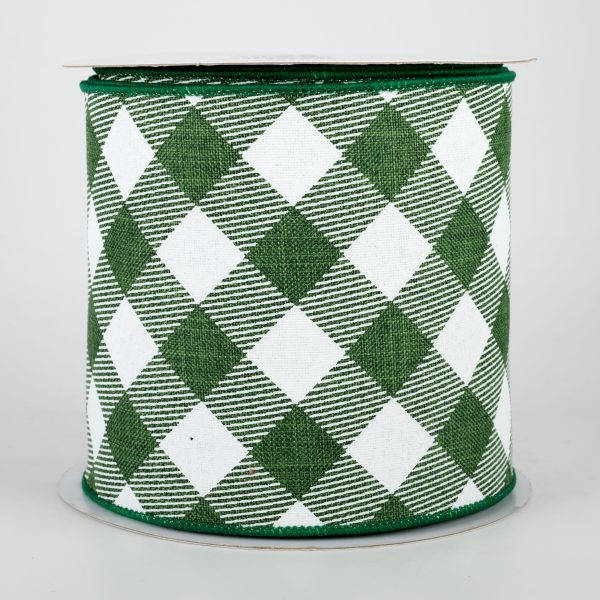 4  Diagonal Check Ribbon: Emerald Green & White (10 Yards) Fashion