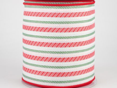 4  Slash Stripe Ticking Ribbon: White, Red, Green (10 Yards) For Sale