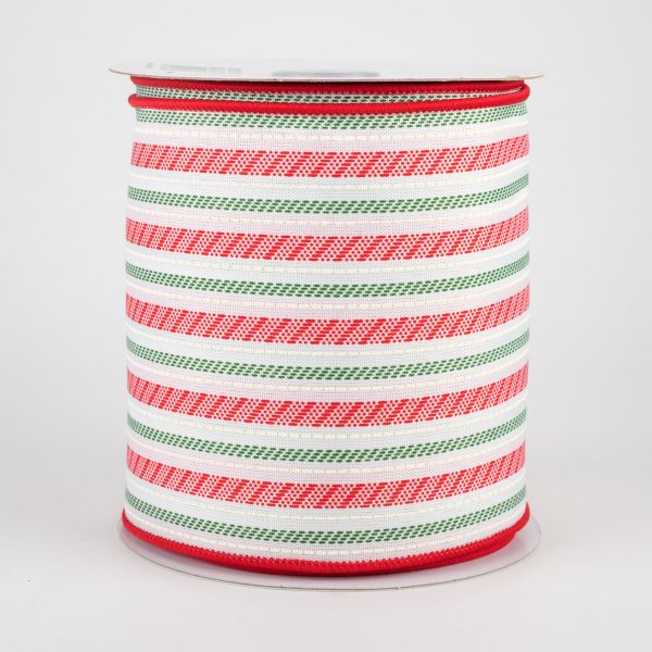 4  Slash Stripe Ticking Ribbon: White, Red, Green (10 Yards) For Sale