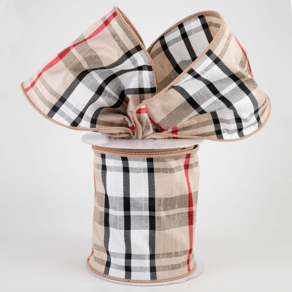 4  Plaid Faux Dupioni Ribbon: Black, White, Tan, Red (10 Yards) Discount