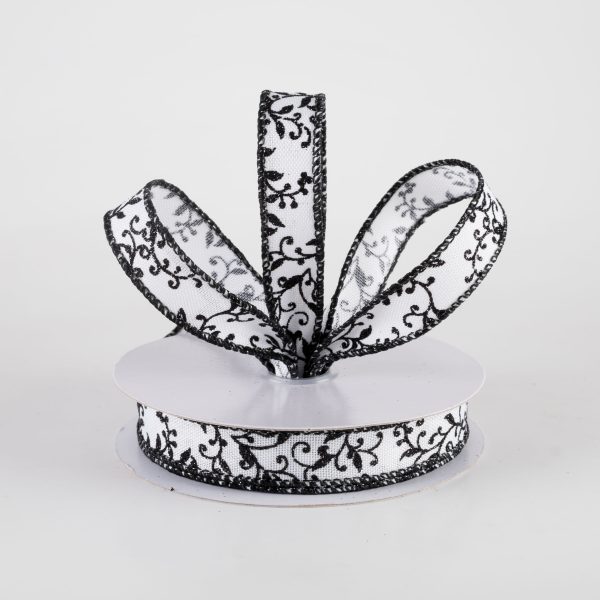 5 8  Glitter Mini Leaf Vines Ribbon: White & Black (10 Yards) For Sale