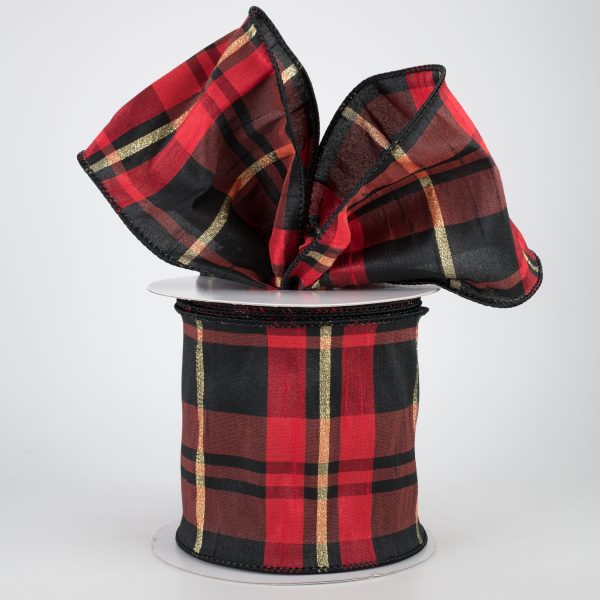 4  Plaid Faux Dupioni Ribbon: Black, Red, Gold (10 Yards) For Discount