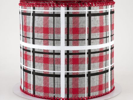 4  Print Plaid Ribbon: Light Grey, Red, Black, White (10 Yards) Fashion