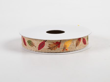 5 8  Linen Fall Leaves Ribbon: Natural (10 Yards) For Sale