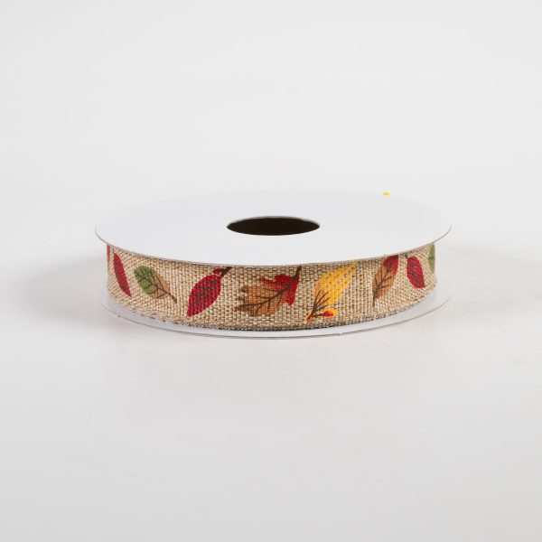 5 8  Linen Fall Leaves Ribbon: Natural (10 Yards) For Sale