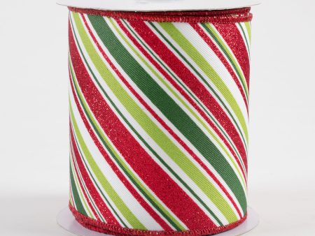 4  Diagonal Stripe Ribbon: White, Emerald, Lime, Red (10 Yards) Hot on Sale