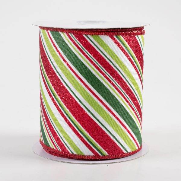 4  Diagonal Stripe Ribbon: White, Emerald, Lime, Red (10 Yards) Hot on Sale