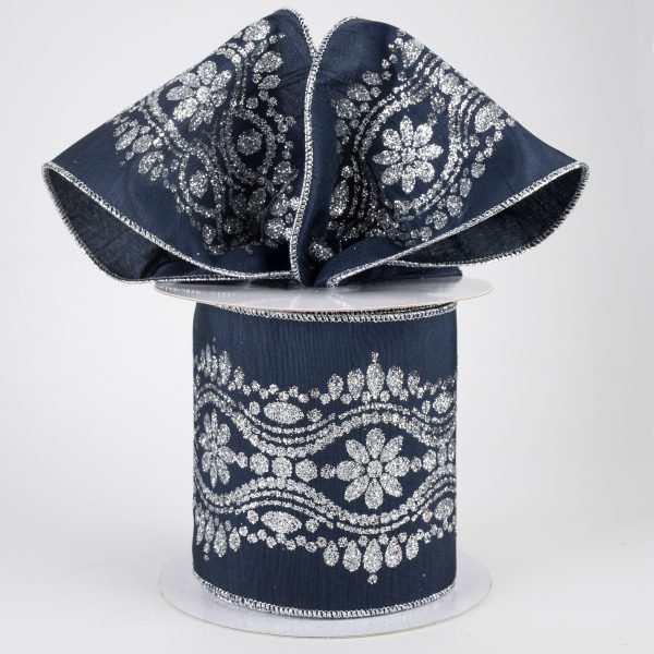 4  Luxurious Center Dupioni Ribbon: Navy Blue & Silver (10 Yards) Online now